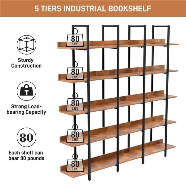 5 Tier Bookcase Home Office Open Bookshelf, Vintage Industrial Style Shelf, MDF Board, Black Metal Frame, Brown