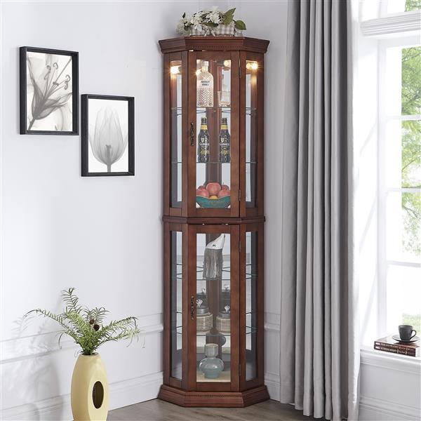 Corner Curio Cabinet with Lights, Adjustable Tempered Glass Shelves, Mirrored Back, Display Cabinet,Walnut (E26 light bulb not included)