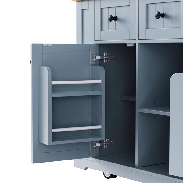 53inch Large Kitchen Island with Drop Leaf,Power Outlet,Door Internal Storage Rack,Rolling Kitchen Cart on 5 Wheels with 5 Open Side Racks for Kitchen,Dining Room,Grey Blue(Not include bar stools) 