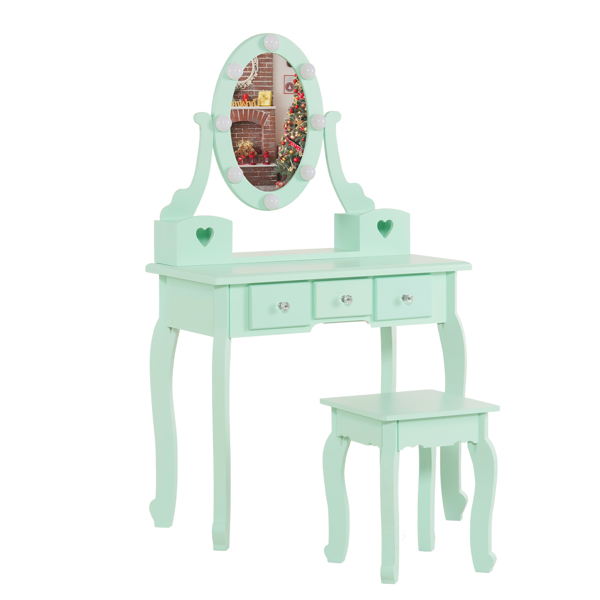 FCH Kids Vanity Set with Mirror and Lights and Stool, 5 Storage Drawers, Pretend Play Princess Makeup Desk Dressing Table and Stool Set for Little Girls Age 3+, Macaroon Green