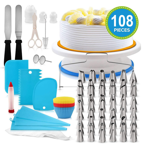 Aluminium Cake Decorating Kits Supplies，108Pcs Cake Decorating Supplies Kit Revolving Cake Table Stand Base Baking Tools for Baking Cupcake Cookie Muffin Kitchen Utensils