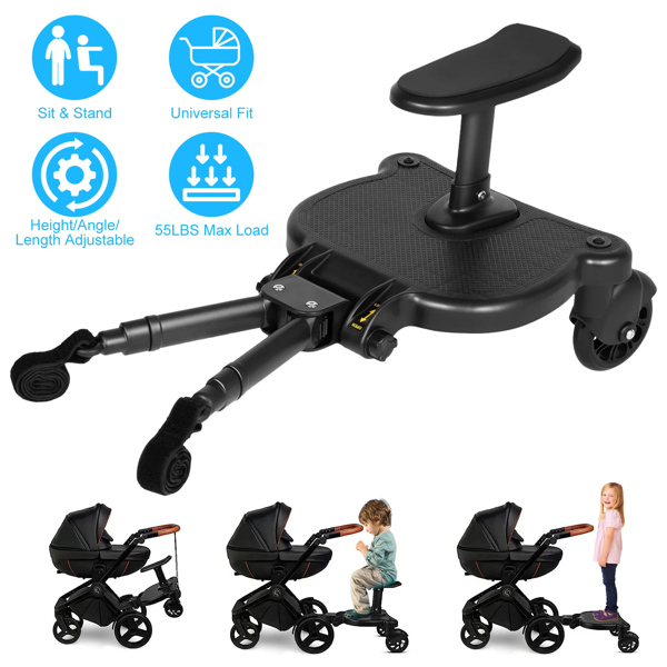 New-Universal Stroller Board with Detachable Seat, 2in1 Sit and Stand Stroller Glider Board for Most Strollers, Holds Children Up to 55 LBs Stroller Standing Board (Black)