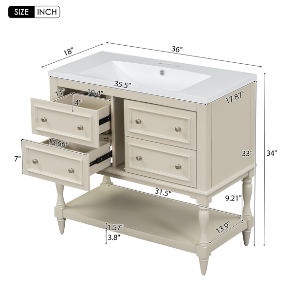 36" Bathroom Vanity Cabinet with Sink Combo Set, Undermount Resin Sink, Free Standing Vanity Set with 4 Drawers, Solid Wood Frame Bathroom Cabinet, Beige 