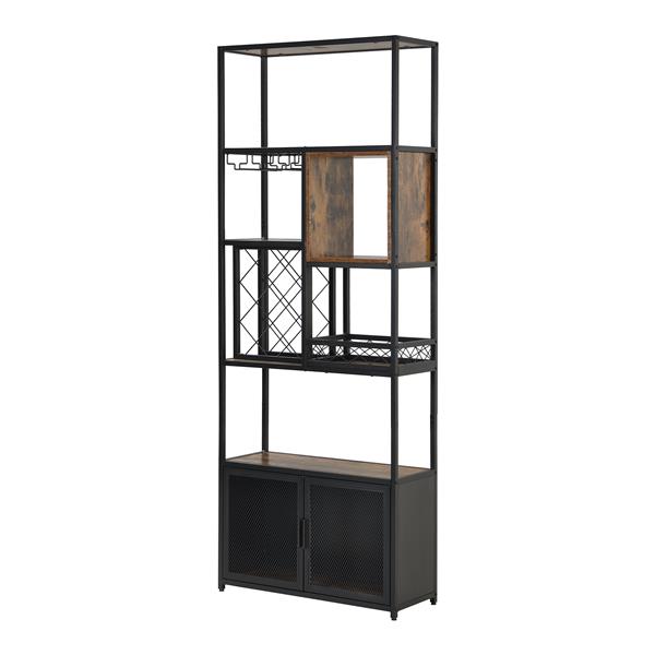 82.7" Industrial Tall Black Bar Wine Rack Cabinet with Glass Holder Wood Home Bar Cabinet