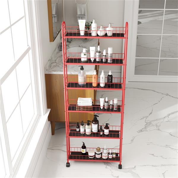 Red 6-Tier Rolling Cart Gap Kitchen Slim Slide Out Storage Tower Rack with Wheels,6 Baskets,Kitchen,Bathroom Laundry Narrow Piaces Utility cart