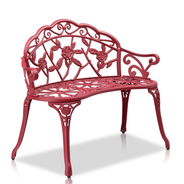 Outdoor Cast Aluminum Patio Bench, Porch Bench Chair with Curved Legs Rose Pattern, Red