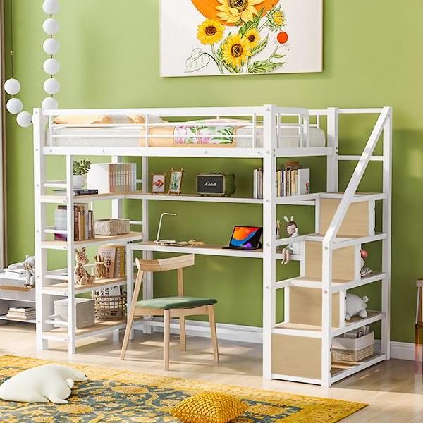 Twin Size Metal Loft bed with Staircase, Built-in Desk and Storage Shelves, White