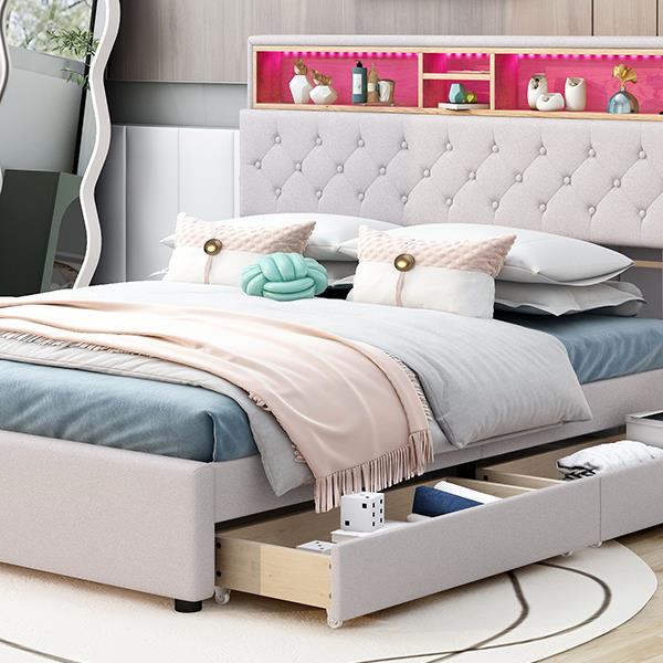 Full Size Upholstered Platform Bed with Storage Headboard, LED, USB Charging and 2 Drawers, Beige