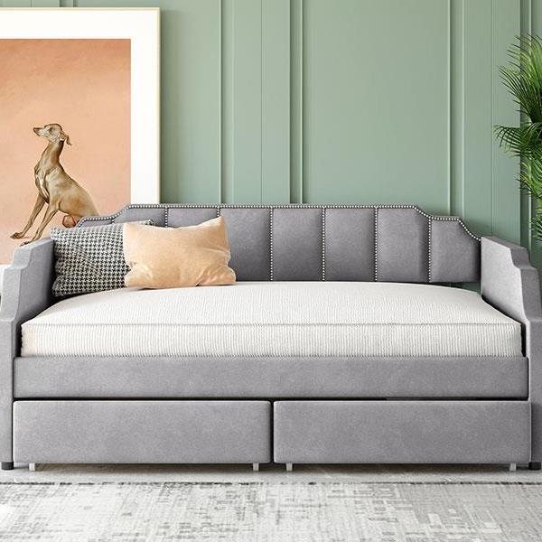 Twin Size Upholstered daybed with Drawers, Wood Slat Support, Gray