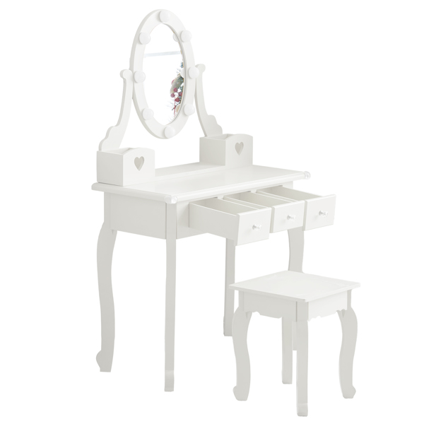 FCH Kids Vanity Set with Mirror and Lights and Stool, 5 Storage Drawers, Pretend Play Princess Makeup Desk Dressing Table and Stool Set for Little Girls Age 3+, Macaroon White