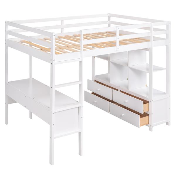 Full Size Loft Bed with Built-in Desk with Two Drawers, and Storage Shelves and Drawers,White