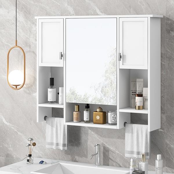 35'' x 28'' Modern Wall Mounted Bathroom Storage Cabinet, Bathroom Wall Cabinet with Mirror, Medicine Cabinet with Towels Bar