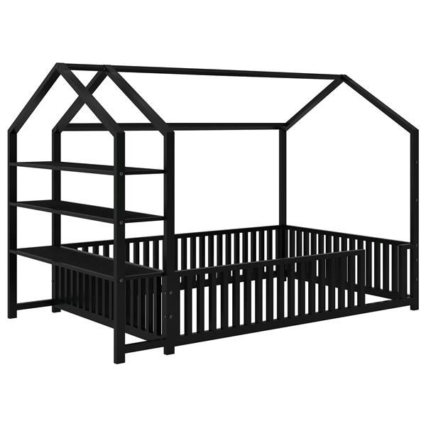 Full Size Metal House Bed with Fence and Detachable Storage Shelves, Black