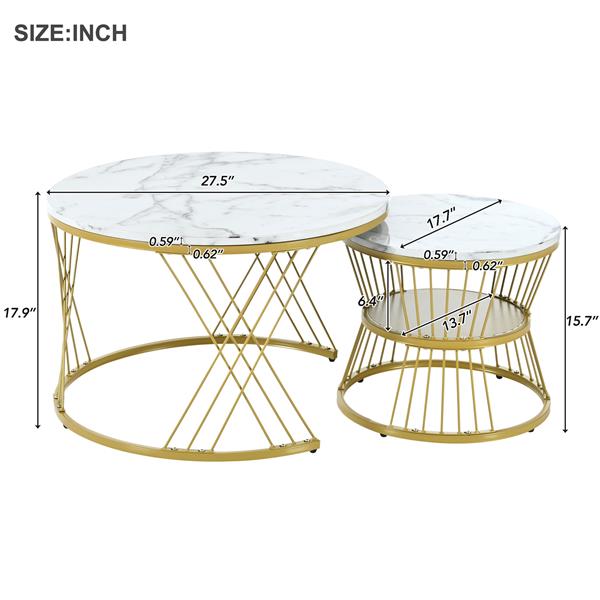 [VIDEO provided] Φ27.5'' & Φ17.7'' Nesting Coffee Table with Marble Grain Table Top, Golden Iron Frame Round Coffee Table, Set of 2, for Living Room, Balcony, White