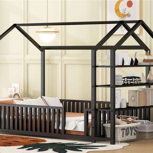 Twin Size Metal House Bed with Fence and Detachable Storage Shelves, Black