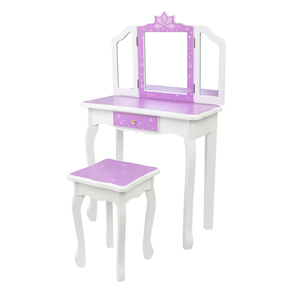 Children's Wooden Dressing Table Three-Sided Folding Mirror Dressing Table  Chair Single Drawer Purple   Snowflake Style