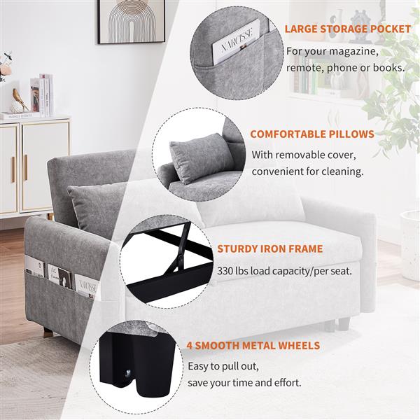 55.1" Pull Out Sleep Sofa Bed Loveseats Sofa Couch with Adjsutable Backrest, Storage Pockets, 2 Soft Pillows, USB Ports for Living Room, Bedroom, Apartment, Office,Grey