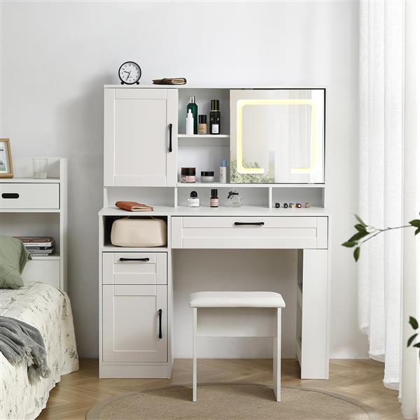 Vanity table with large sliding lighted mirror, dressing table with 2 drawers, storage shelves and upholstered stool, white color