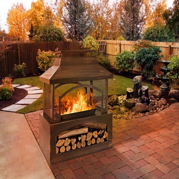 37-Inch Rectangular Metal Outdoor Wood Burning Fireplace - Outdoor Fireplace with Built-in Log Storage and Poker-Brushed Bronze,Log Burner Fire Pit for Patio Garden And Backyard 