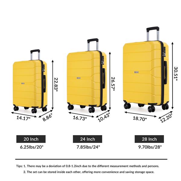 Hardshell Suitcase Spinner Wheels PP Luggage Sets Lightweight Durable Suitcase with TSA Lock,3-Piece Set (20/24/28) ,Yellow