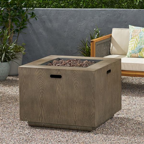 Outdoor Patio Gas Burning Fire Pit - 50, 000 BTU Tank Inside, Square, Iron Wood Pattern, Brown