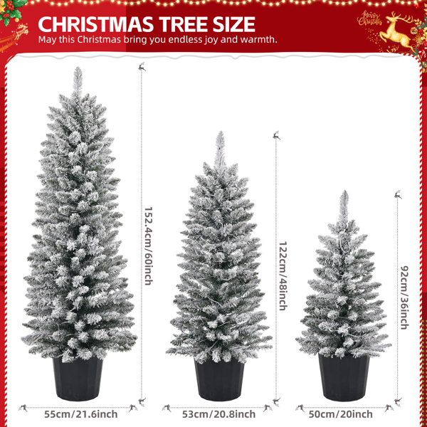 Set of 3 Pre-lit Xmas Trees with Pot Stands, 3/4/5 FT Snow Flocked Artificial Christmas Trees with 50/100/150 Warm Lights Battery Operated and 130/180/250 Branch Tips for Holiday Party Office Home