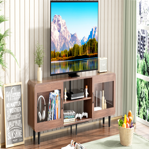 TV Stand for 55/60/65/70", Wood Entertainment Center with Power Outlets, Media Console with Sliding Doors and Open Shelf for Living Room, Walnut[Unable to ship on weekends, please note that]