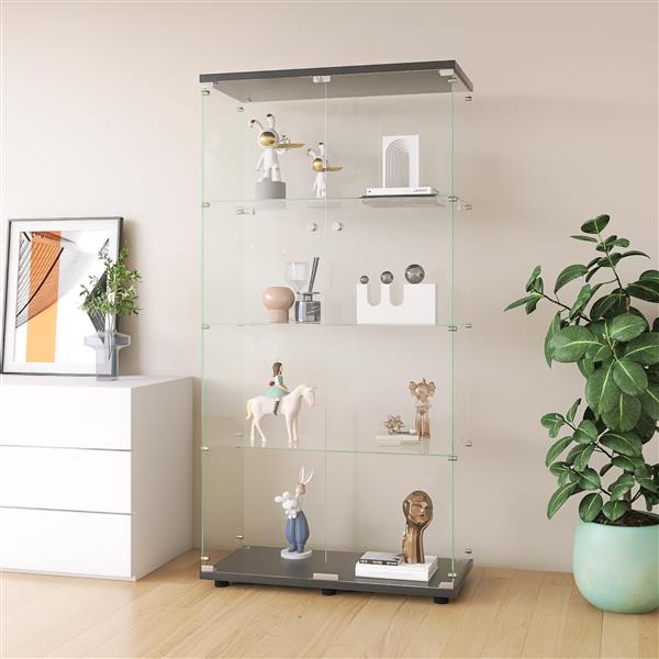 Two-door Glass Display Cabinet 4 Shelves with Door, Floor Standing Curio Bookshelf for Living Room Bedroom Office,  64.7"*31.7"*14.3",Black