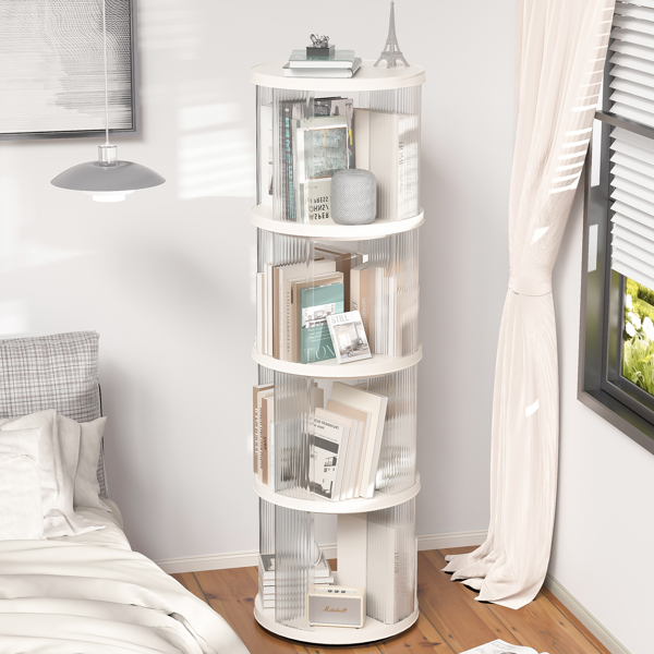 360° Rotating Bookshelf, Small Corner Bookcase with Small Footprint, 4 Tier Floor Standing Bookcasefor Kids&Adults, Narrow Book Shelf Organizer for Bedroom, Living Room, Round, White 