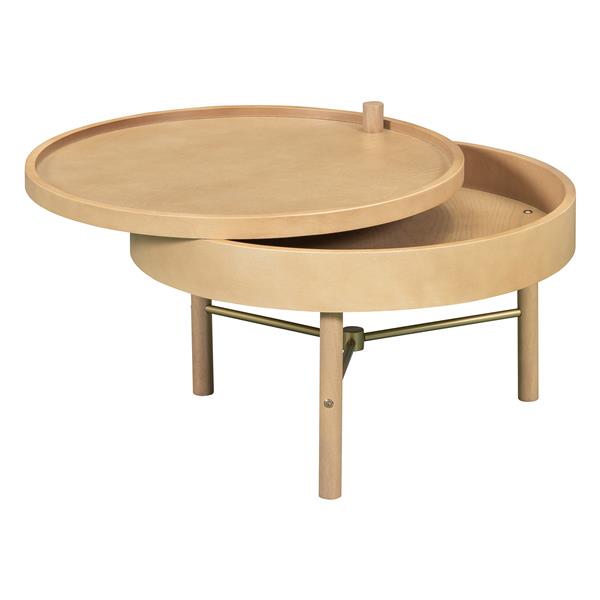 Modern Round Wood Rotating Tray Coffee Table with Storage & Metal Legs in Natural