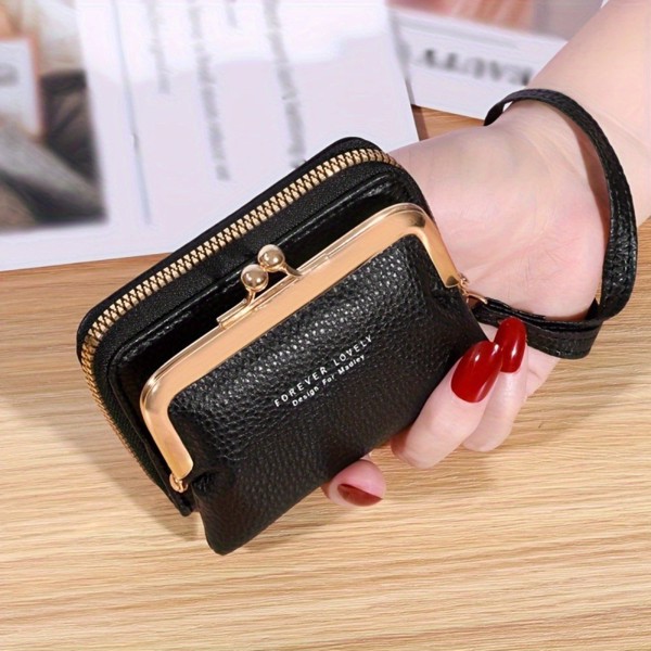 Cute change purse with coin purse card holder for women teen girls,with zipper clasp,Black