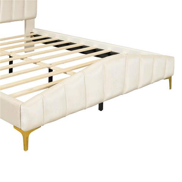 Queen Size Velvet Platform Bed with Thick Fabric, Stylish Stripe Decorated Bedboard and Elegant Metal Bed Leg, Beige