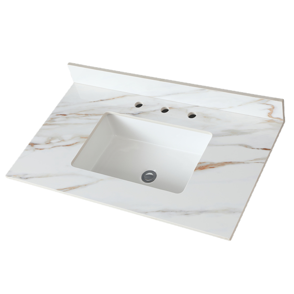 37 Inch Marble Vanity Top, Bathroom Vanity Top with Undermount Rectangular Middle Sink and 4" Height Backsplash, Pre-Drilled Faucet Hole Vanity Top, Three Holes