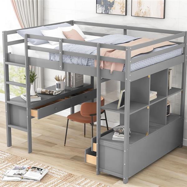 Full Size Loft Bed with Built-in Desk with Two Drawers, and Storage Shelves and Drawers,Gray