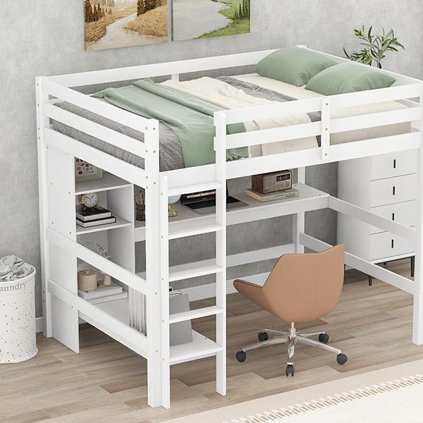 Full Size Loft Bed with Multifunction Shelves and Under-bed Desk, White