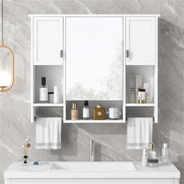 35'' x 28'' Modern Wall Mounted Bathroom Storage Cabinet, Bathroom Wall Cabinet with Mirror, Medicine Cabinet with Towels Bar