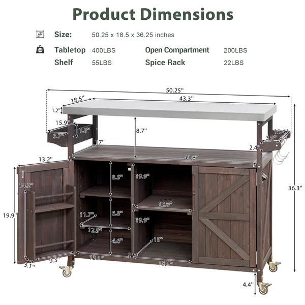  Outdoor Kitchen Island, Rolling Bar Cart & Storage Cabinet, Farmhouse Solid Wood Outdoor Grill Table with Stainless Steel Top, Spice Rack , Towel Rack for Kitchen & Barbecue , Dark Brown