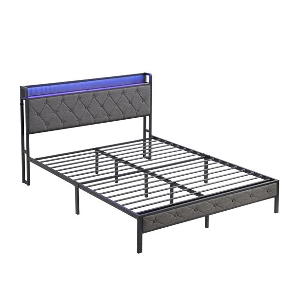 Full Bed Frame with  Storage Headboard, Charging Station and LED Lights, Upholstered Platform Bed with Heavy Metal Slats, No Box Spring Needed, Noise Free, Easy Assembly, Dark Gray