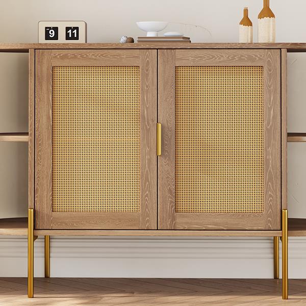 2-Door Elegant Curved Dining Cabinet with Gold Trim and Woven Rattan Doors for Dining Room (Natural)