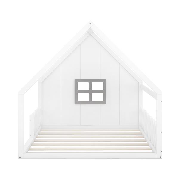 Full Size Wood House Bed with Window and Fence, White