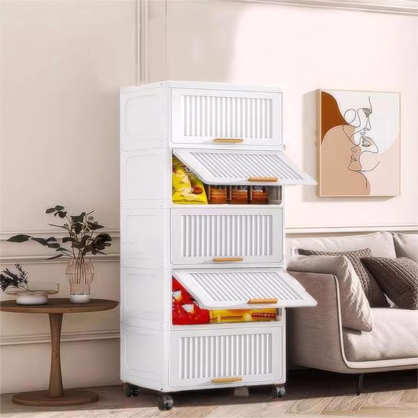 15.75" Side Wide 5-Layers Flip Open Storage Box With Wheels, Movable Storage Cabinet, Kitchen Shelf, Movable Storage Island, Home Organization, Wardrobe Storage Box 