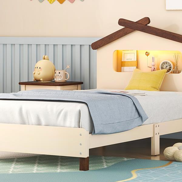 Twin Size Wood Platform Bed with House-shaped Headboard and Motion Activated Night Lights (Cream+Walnut)