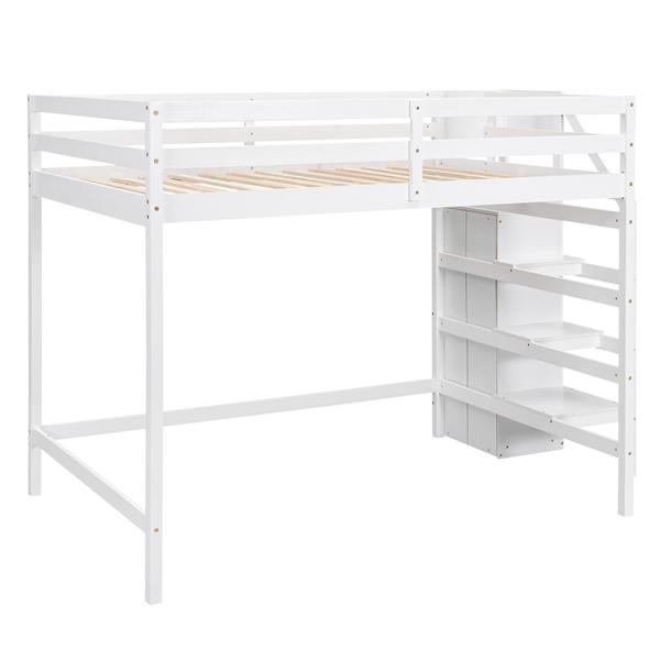 Full Size Loft Bed with Built-in Storage Wardrobe and Staircase, White