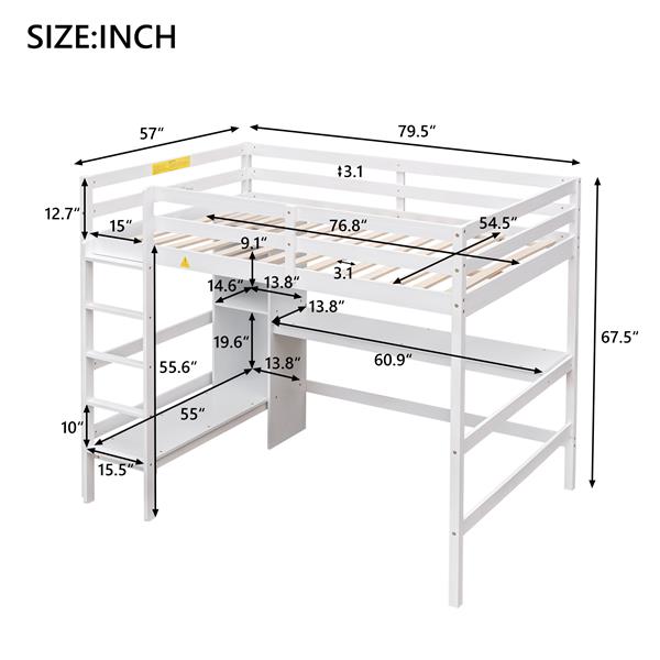 Full Size Loft Bed with Multifunction Shelves and Under-bed Desk, White