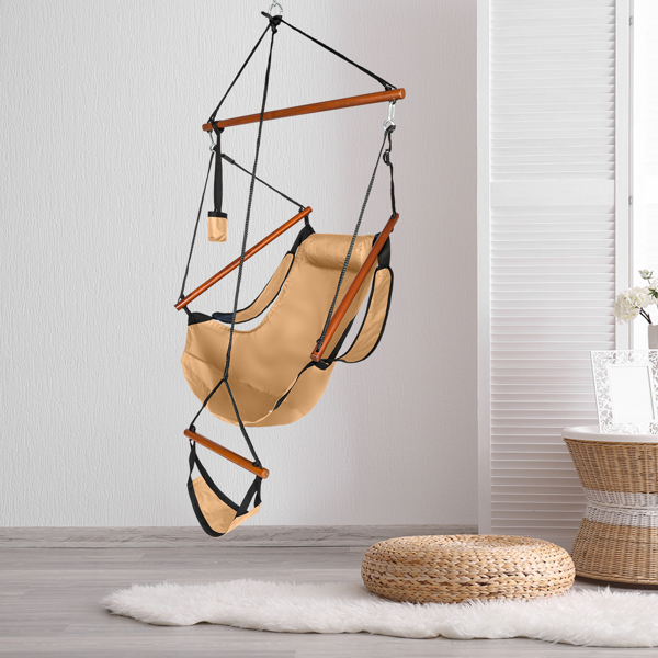 Oxford Cloth Hardwood With Cup Holder Wooden Stick Perforated 100kg Seaside Courtyard Oxford Cloth Hanging Chair   Brown