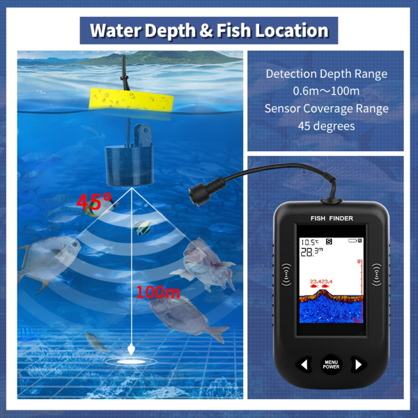 Portable Fish Finder Fishing Sonar Sounder 100M Depth Range 45 Degrees Sonar Coverage Echo Sounder Fishing Finder Lake Sea Fishing