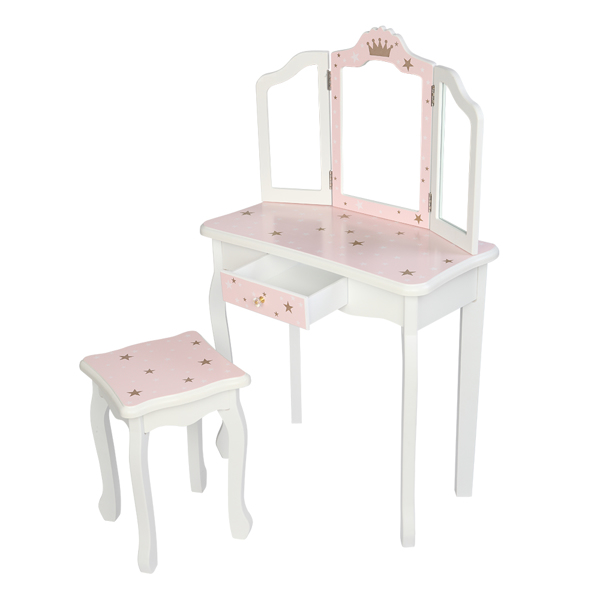 Wooden Toy Children's Dressing Table Three Foldable Mirror/Chair/Single Drawer Pink Star Style