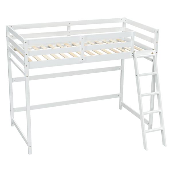 Twin Size High Loft Bed with inclined Ladder, Guardrails,White