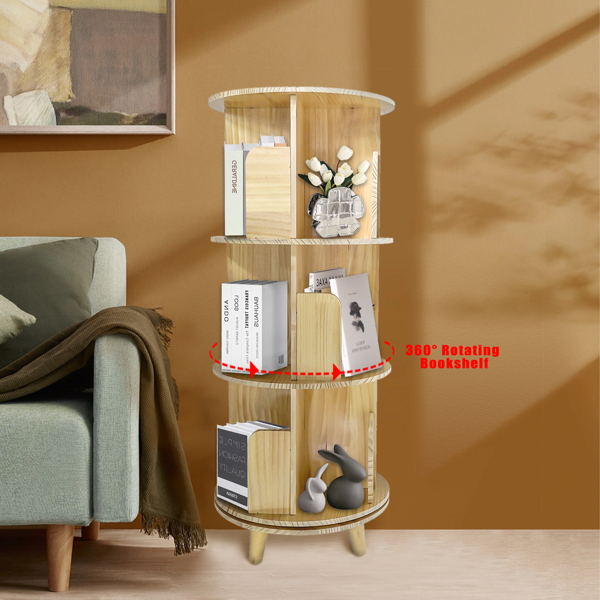 3-Layer Rotating Bookcase 360 Rotating Display Rack Pine Wood Rotating Bookshelf