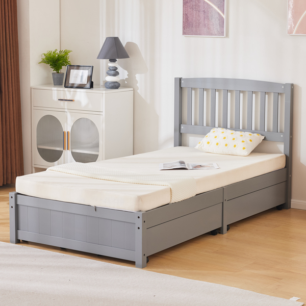 Four Large Drawers Pinewood Bed with a Curved Vertical Headboard Featuring Twin Gray